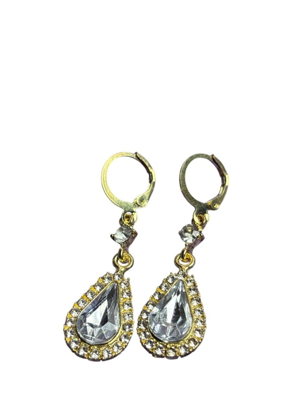 Goldtone Leverback Dangle Earrings Clear Rhinestone Teardrop Halo 1.25 inches